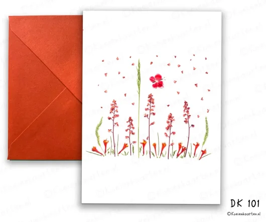 rode bloemen DK 101 met rode envelop wenskaart koeienkaart