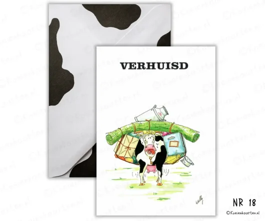 verhuisd Nr 18 koeienkaart cartoon wenskaart koe kaart