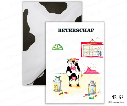 beterschap Nr 54 koe met thermometer koeienkaarten wenskaart koe cartoon koeienkaart